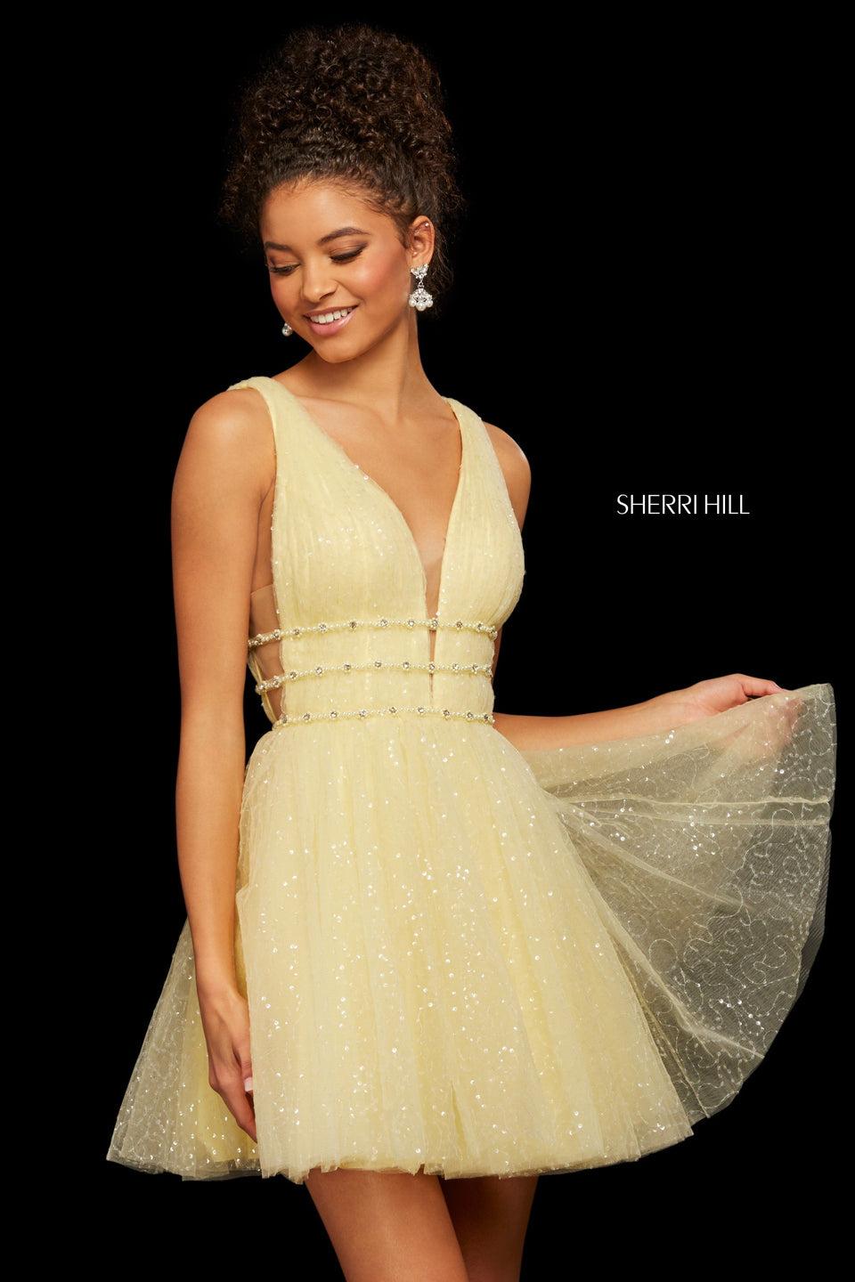 sherri hill Sequin tulle A-line cocktail dress with deep V neckline and triple belt with beading