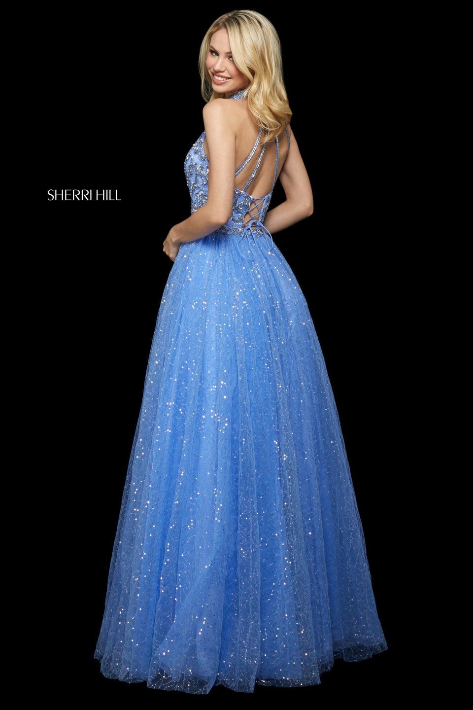 Sherri Hill Sequin Tulle A-line Gown With Beaded High Neck Bodice With Lace Up Back