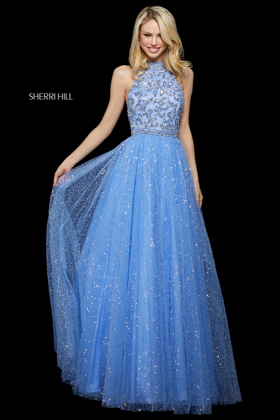 Sherri Hill Sequin Tulle A-line Gown With Beaded High Neck Bodice With Lace Up Back