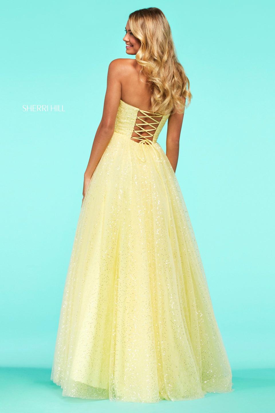 Sherri Hill Sequin Tulle A-line Gown With Ruched Bodice With Strapless Neckline And Corset Style Back