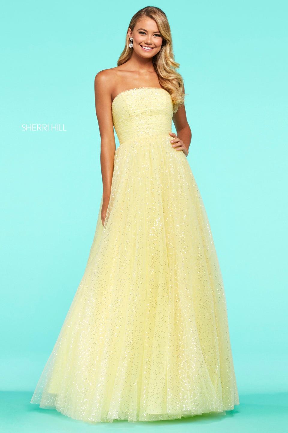 sherri hill Sequin tulle A-line gown with ruched bodice with strapless neckline and corset style back