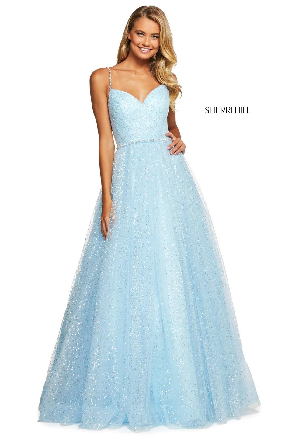 sherri hill Sequin tulle A-line with V sweetheart neckline on ruched wrap bodice with thin beaded belt and straps