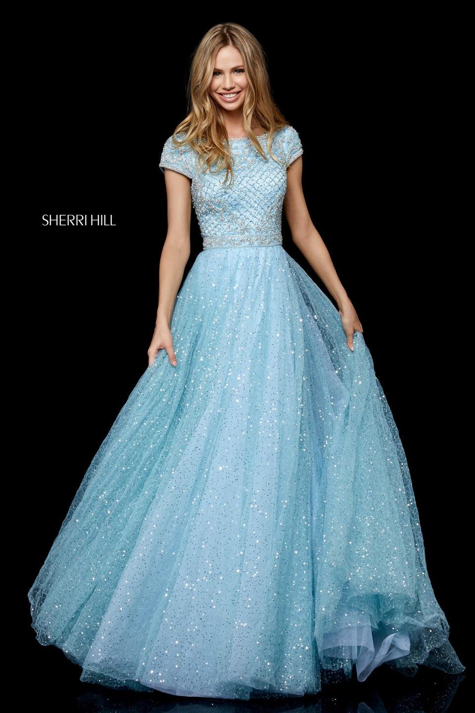 sherri hill Sequin tulle ball gown with beaded cap sleeve bodice