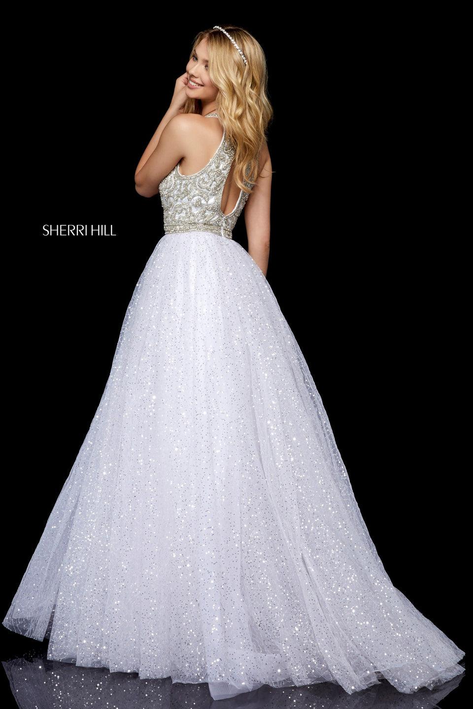Sherri Hill Sequin Tulle Ball Gown With Beaded High Neck Bodice And Keyhole Back