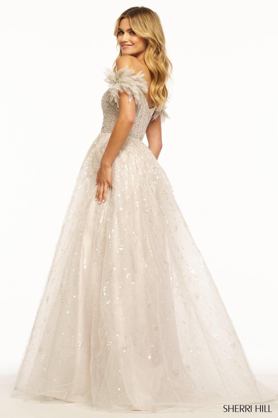 Sherri Hill Sequin Tulle Ballgown With Deep V Illusion Neckline And Lace Ruffled Off The Shoulder Sleeves