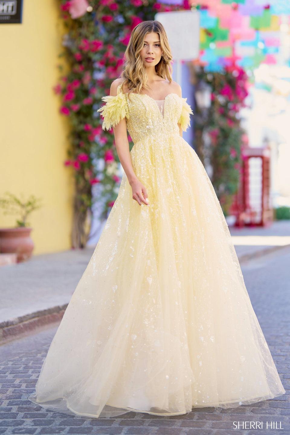 sherri hill Sequin tulle ballgown with deep V illusion neckline and lace ruffled off the shoulder sleeves