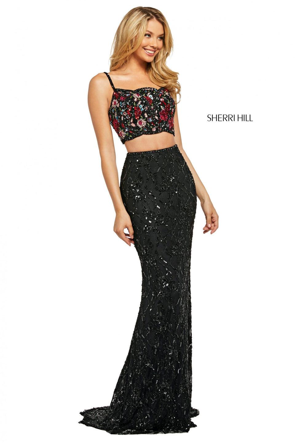 Sherri Hill Sequin Two Piece With Floral Pattern Scallop Edge Bodice With Lace Up Back And Long Sheath Skirt