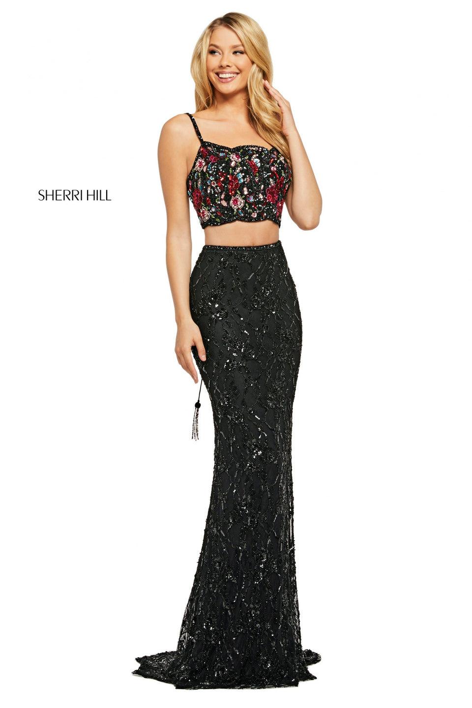 sherri hill Sequin two piece with floral pattern scallop edge bodice with lace up back and long sheath skirt