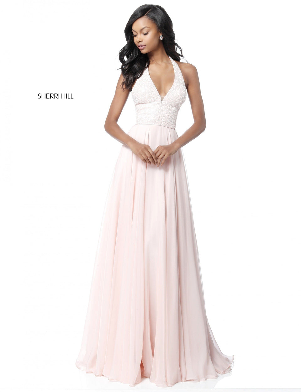 Sherri Hill Sequin V Neck Halter Bodice With Chiffon Skirt