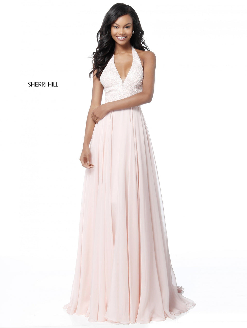 sherri hill Sequin V neck halter bodice with chiffon skirt