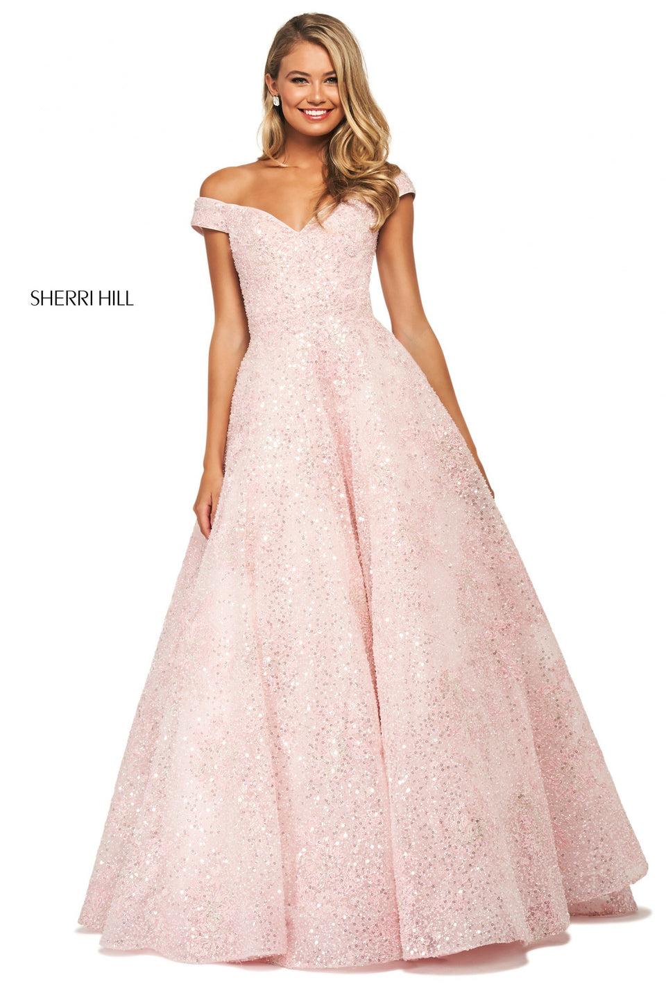 sherri hill Sequins organza ball gown with off-the-shoulder sweetheart neckline
