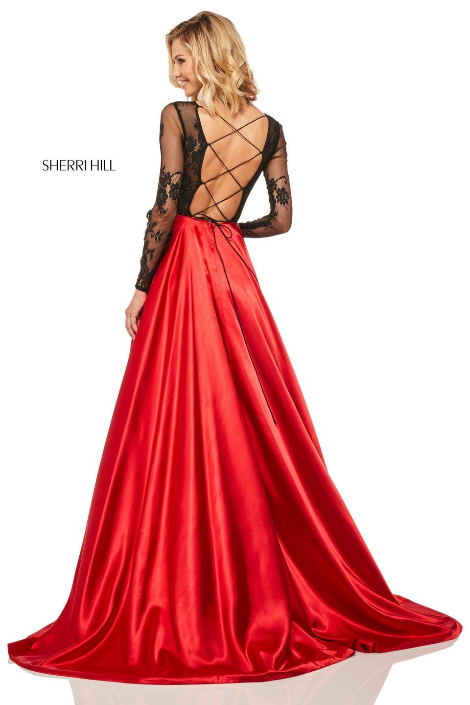 Sherri Hill Sheer Lace Long Sleeve Bodice With Lace Up Back And Charmeuse Skirt With Slit