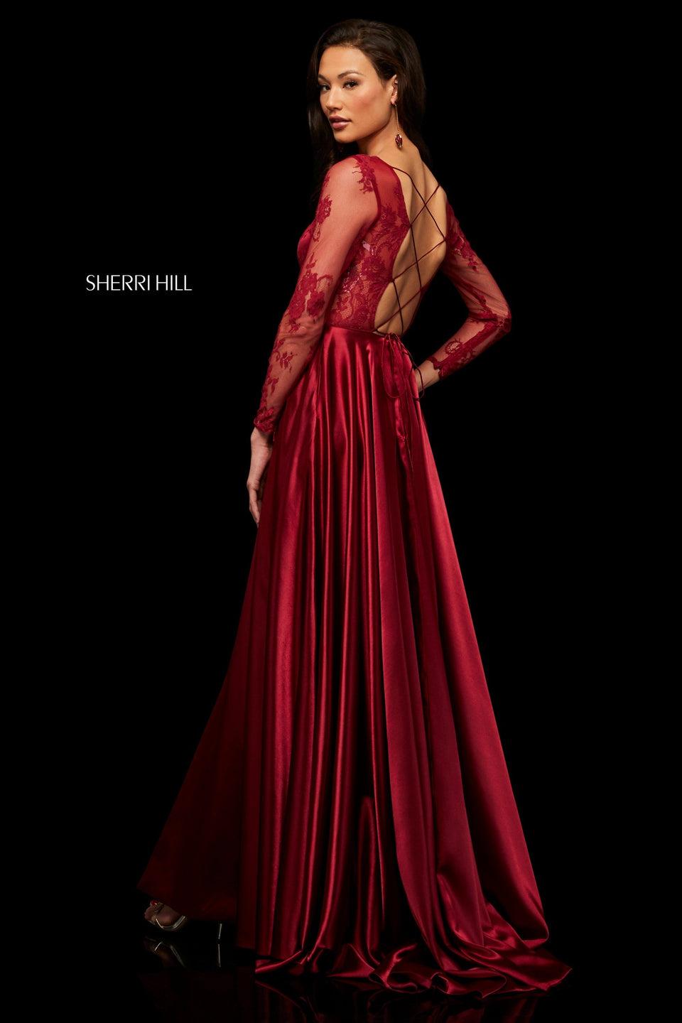 Sherri Hill Sheer Lace Long Sleeve Bodice With Lace Up Back And Charmeuse Skirt With Slit