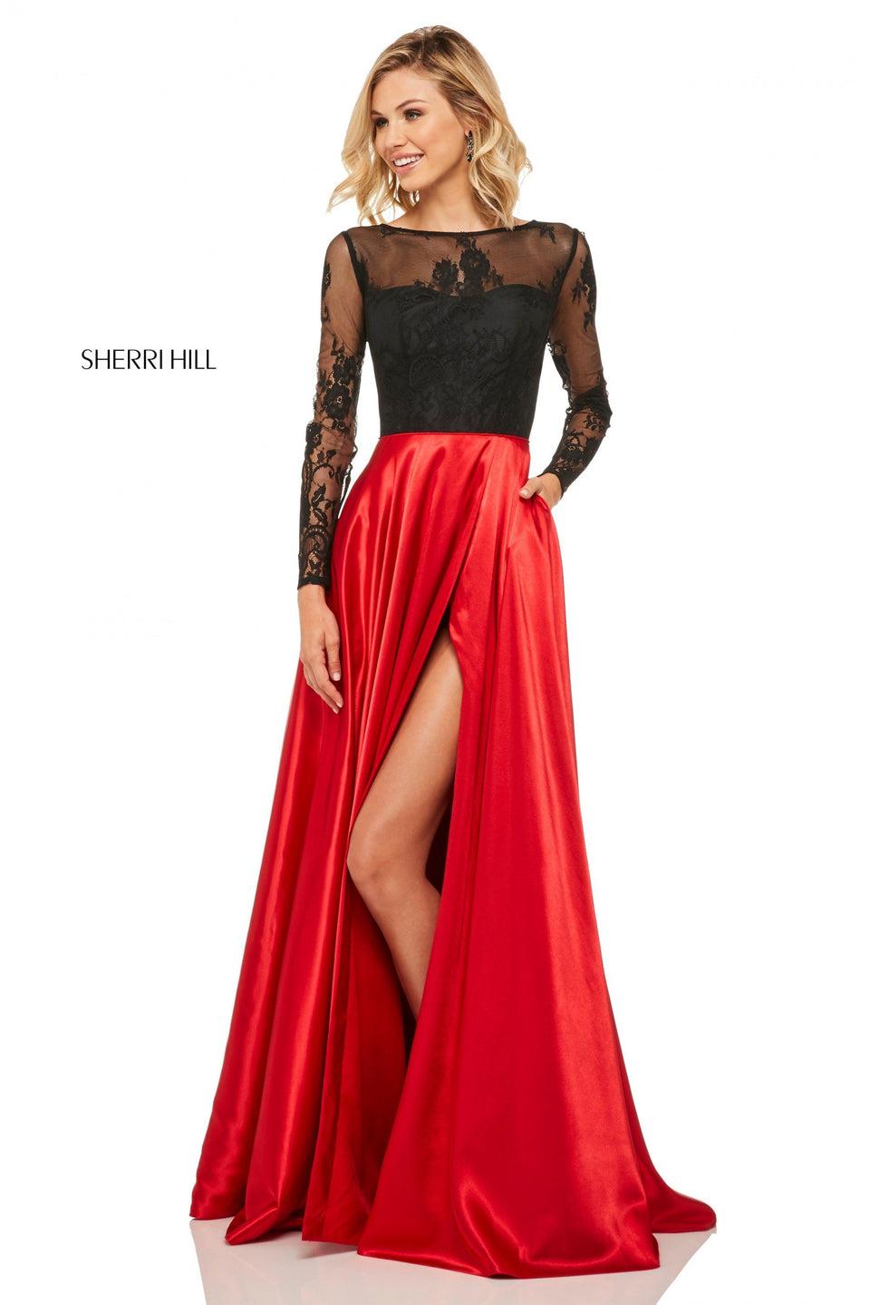 sherri hill Sheer lace long sleeve bodice with lace up back and charmeuse skirt with slit