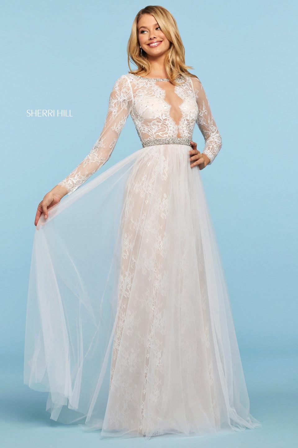 Sherri Hill Sheer Lace Long Sleeve Bodice With Open Back Embellished Neckline And Waist And Chiffon And Lace Skirt