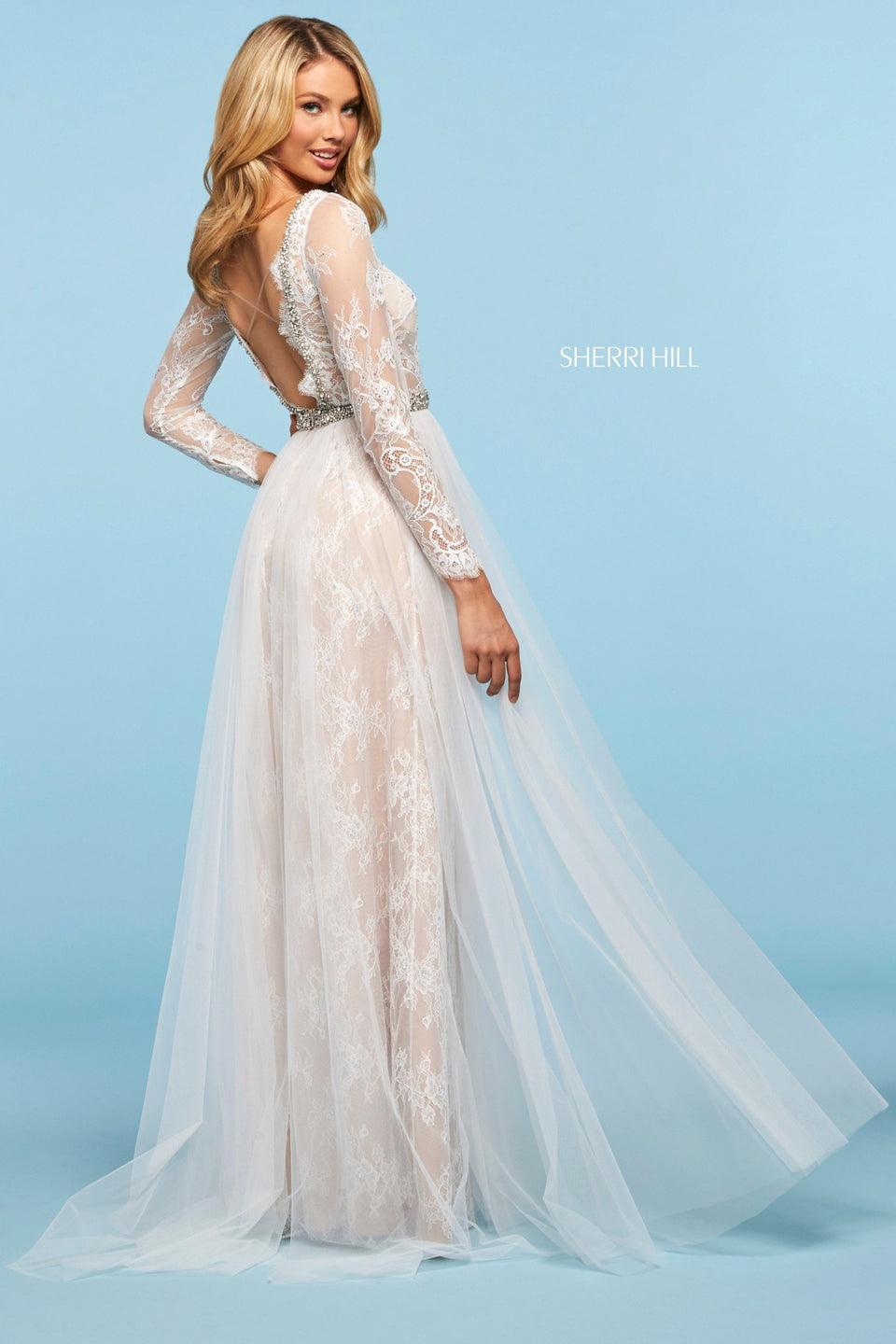 Sherri Hill Sheer Lace Long Sleeve Bodice With Open Back Embellished Neckline And Waist And Chiffon And Lace Skirt