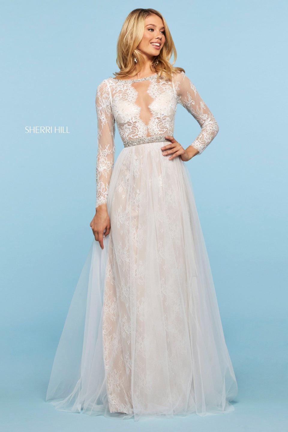 sherri hill Sheer lace long sleeve bodice with open back embellished neckline and waist and chiffon and lace skirt