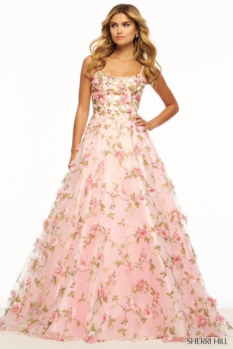 sherri hill 3D flower ballgown with lace up back