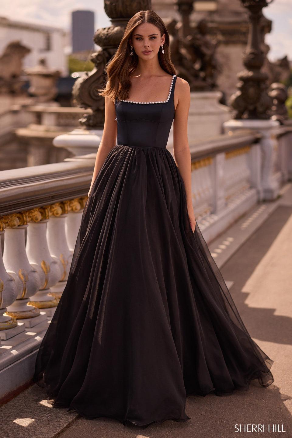 sherri hill A-line gown with pearl embellishments