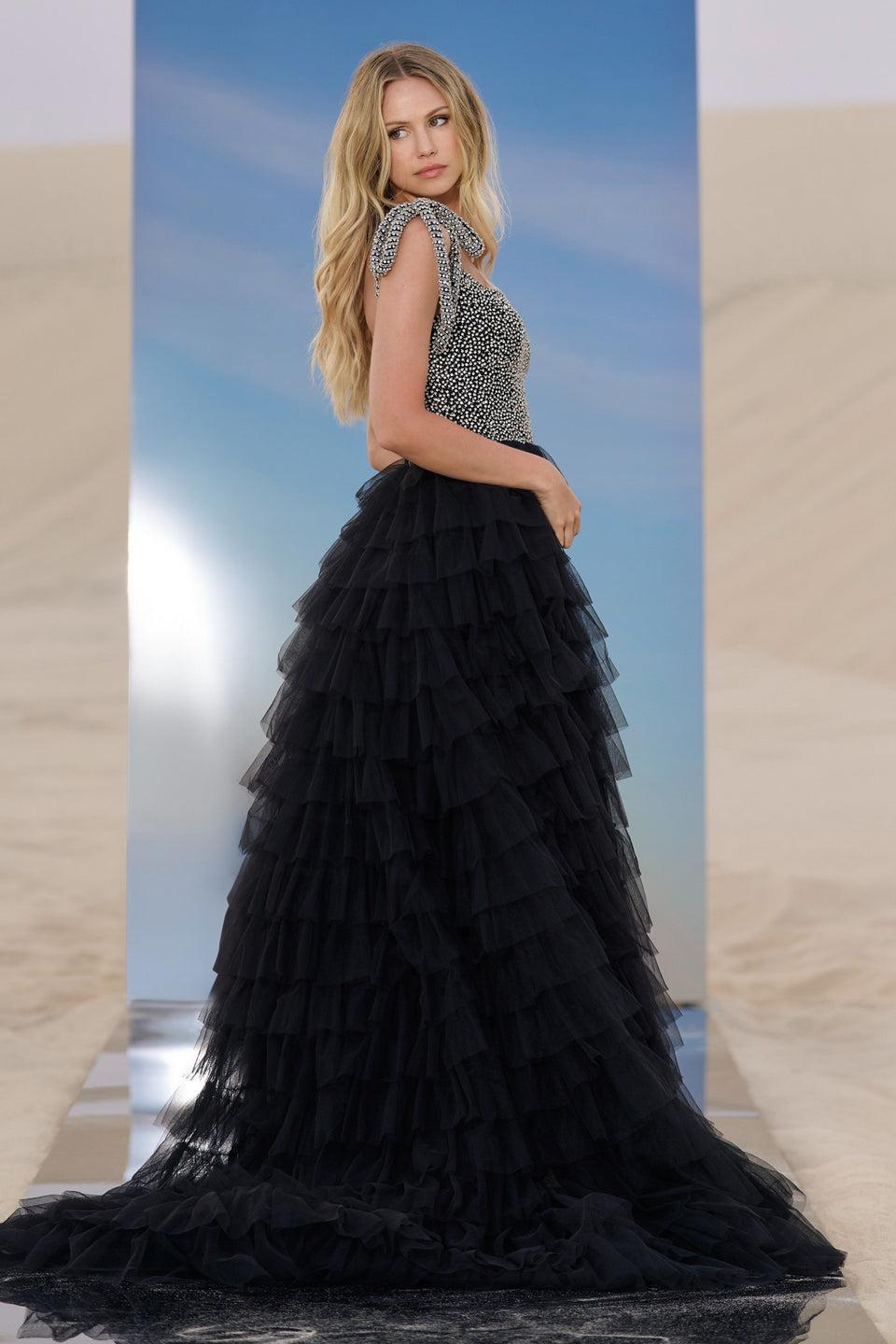 Sherri Hill Beaded Bodice With Tulle Ruffle Skirt