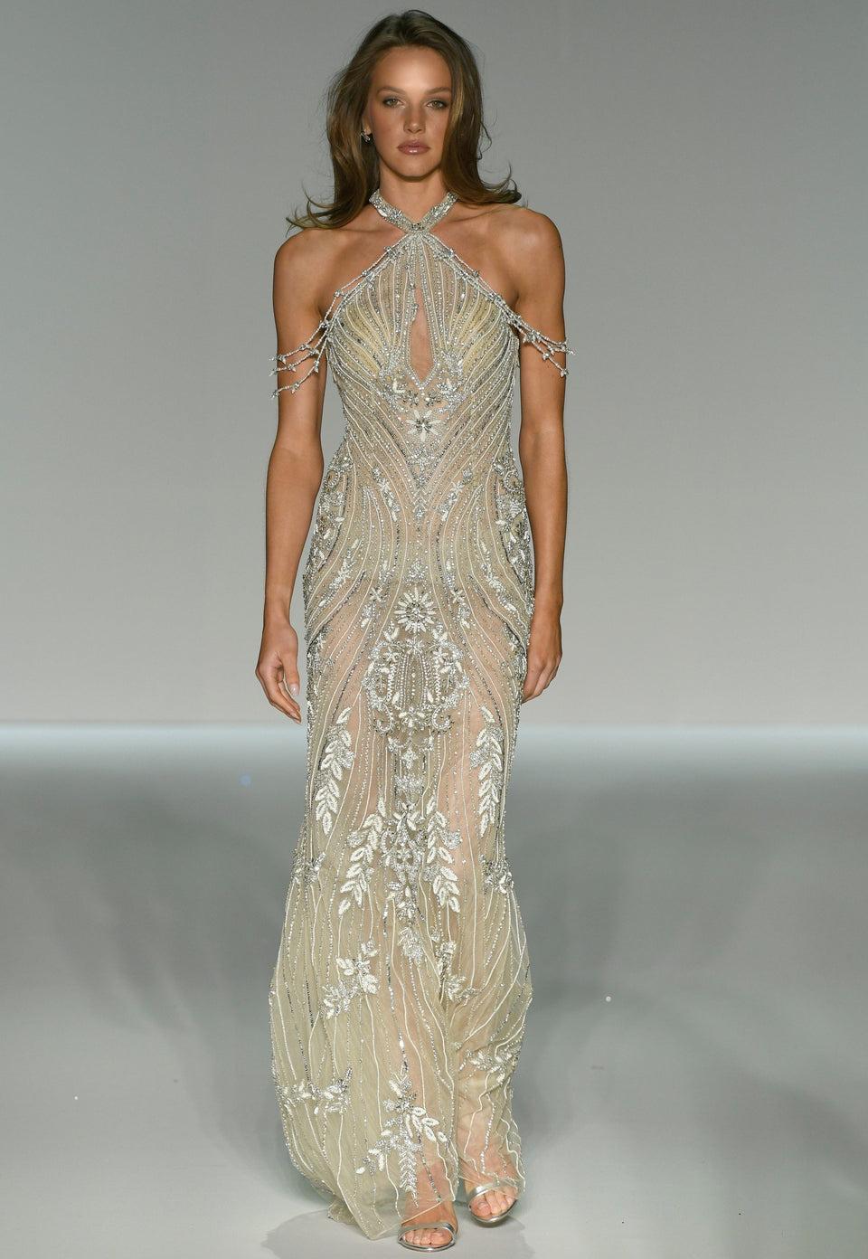 sherri hill Beaded fitted gown with high neckline