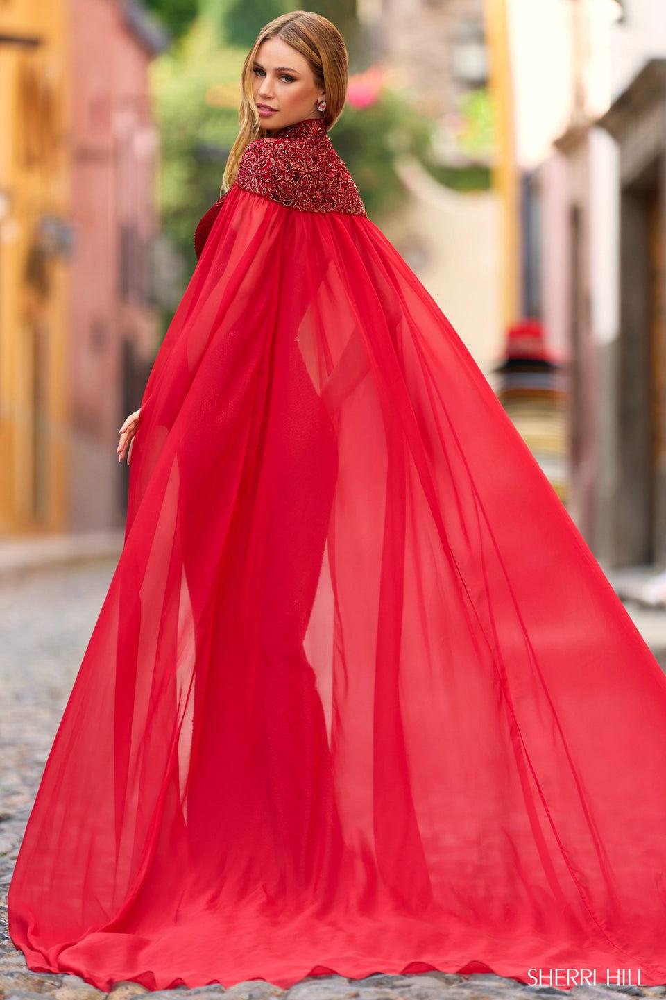 Sherri Hill Beaded Jumpsuit With A Chiffon Cape