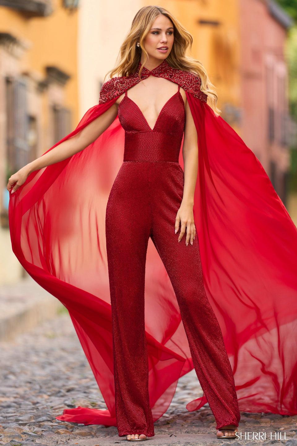 sherri hill Beaded jumpsuit with a chiffon cape