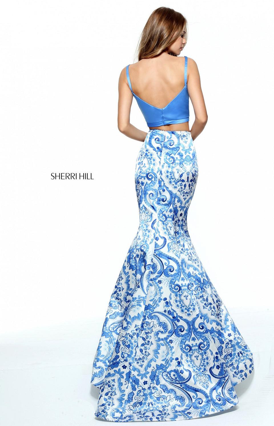 Sherri Hill Blue And Ivory Print Two-piece Mermaid