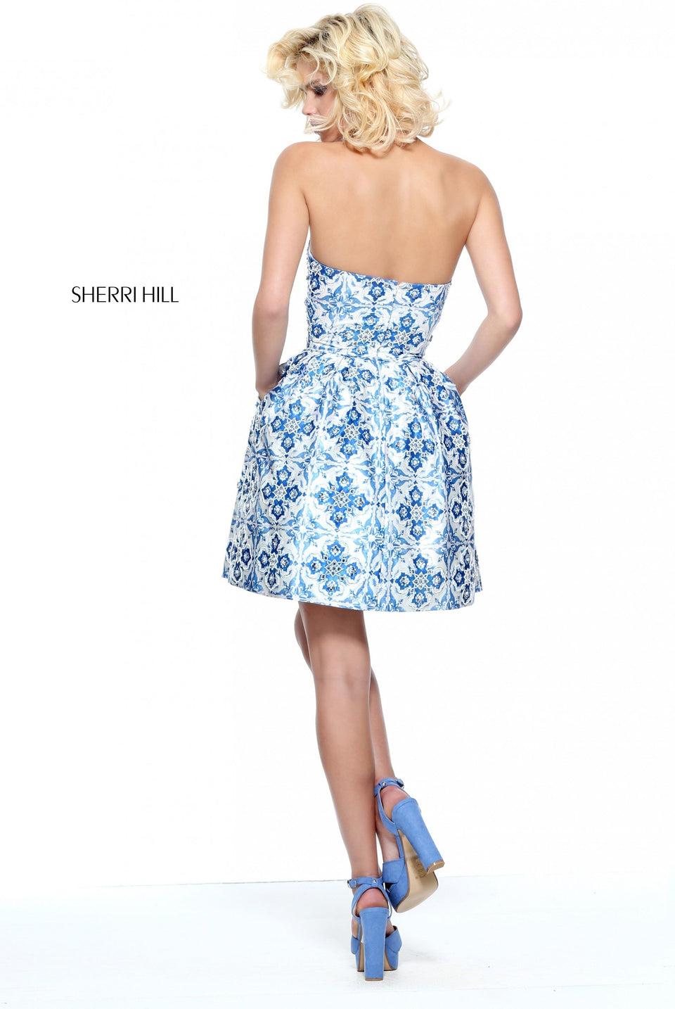 Sherri Hill Blue Ivory Print High Neck Cocktail