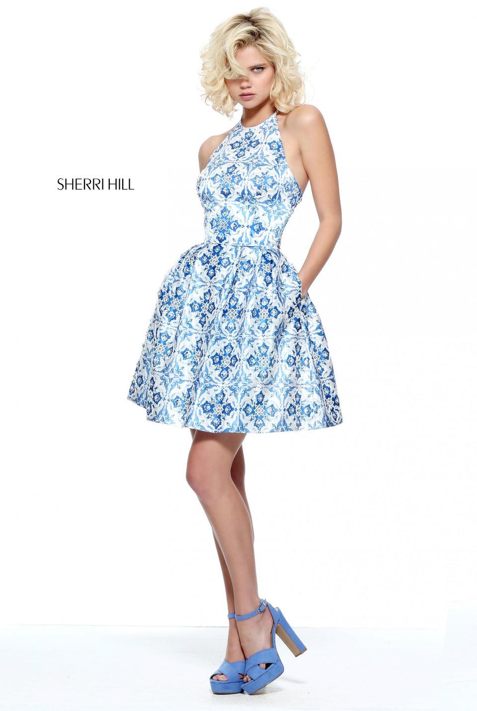 sherri hill Blue ivory print high neck cocktail