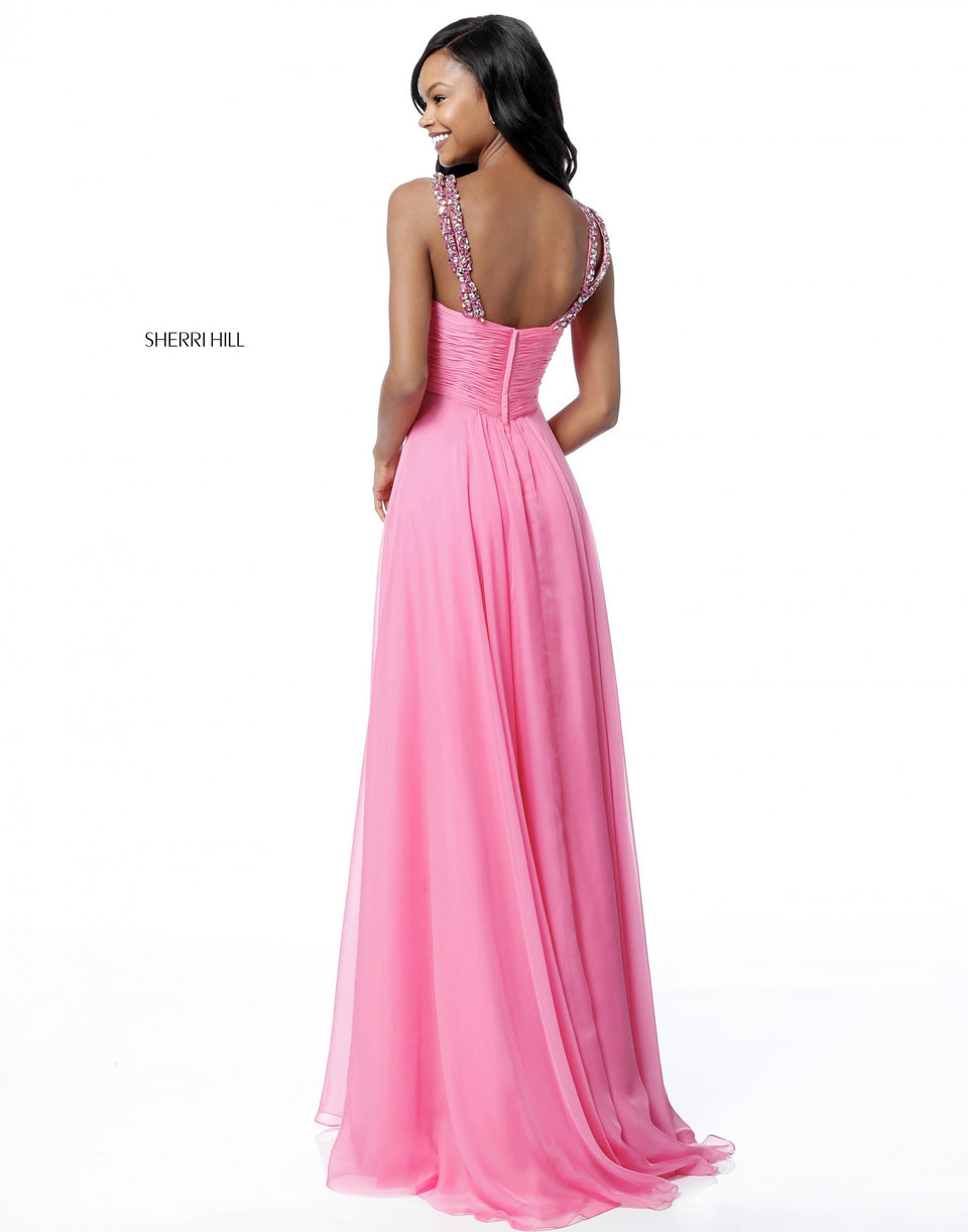 Sherri Hill Chiffon Gown With Beaded Neck Straps