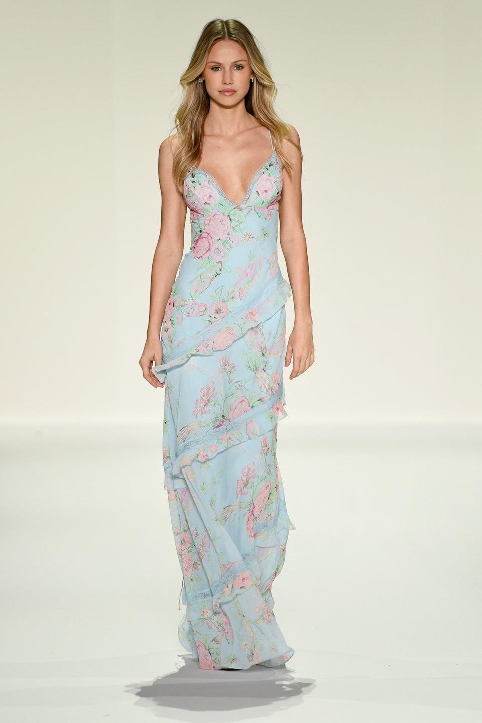 sherri hill Fitted floral gown with lace details