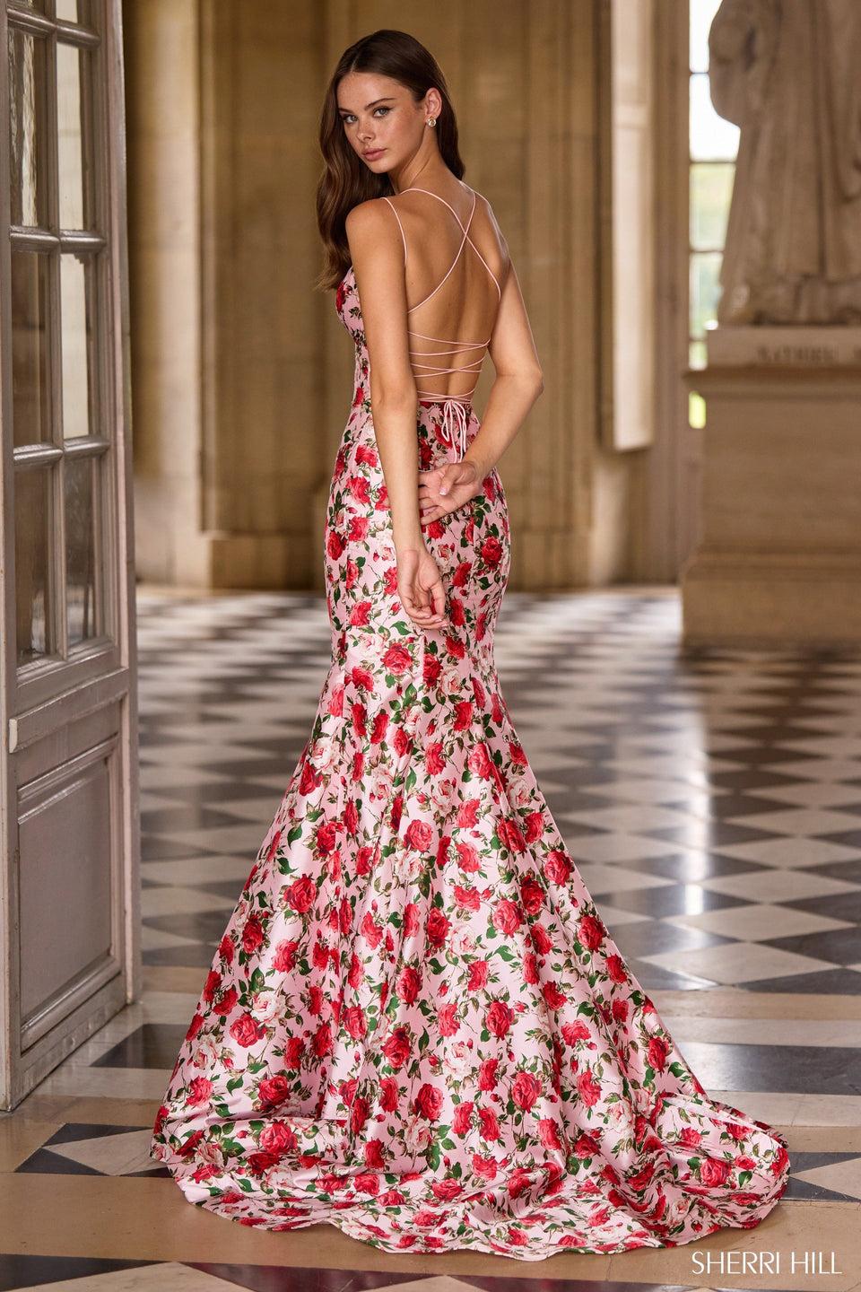 Sherri Hill Fitted Floral Gown With Lace Up Back