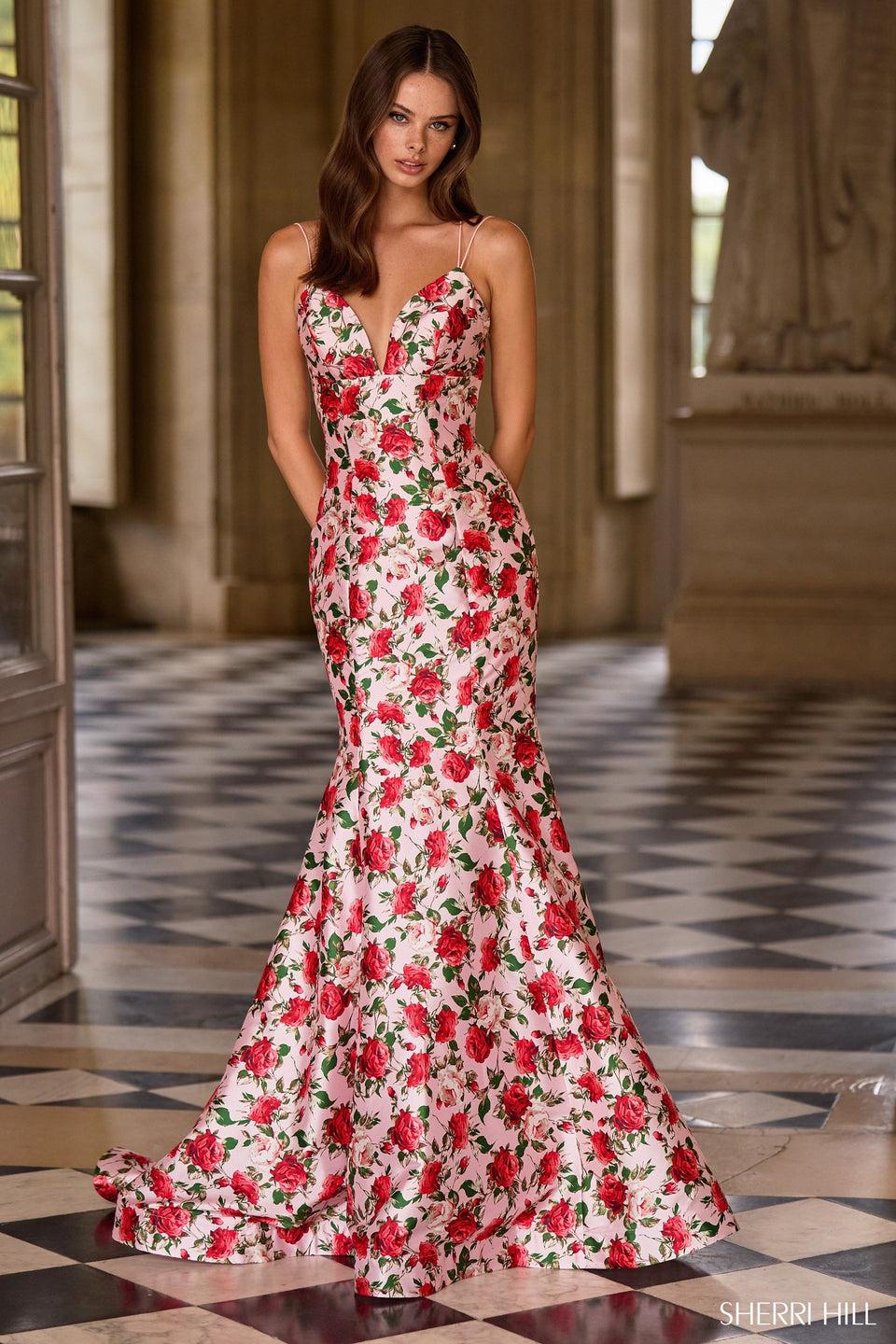 Sherri Hill Fitted Floral Gown With Lace Up Back