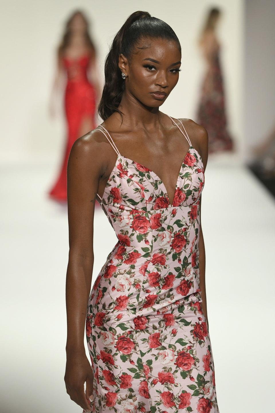 Sherri Hill Fitted Floral Gown With Lace Up Back