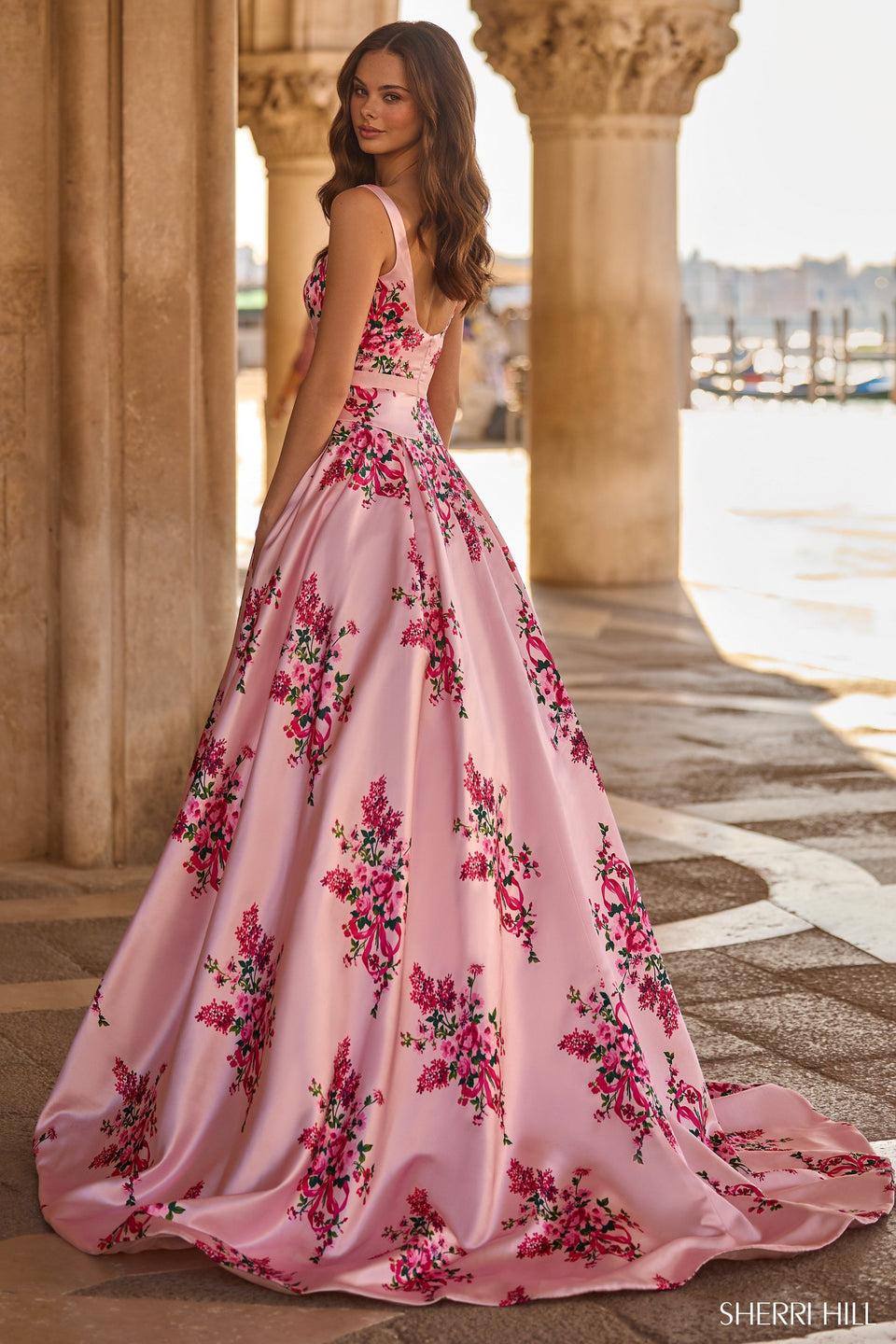 Sherri Hill Floral Ballgown With Bow On Waist