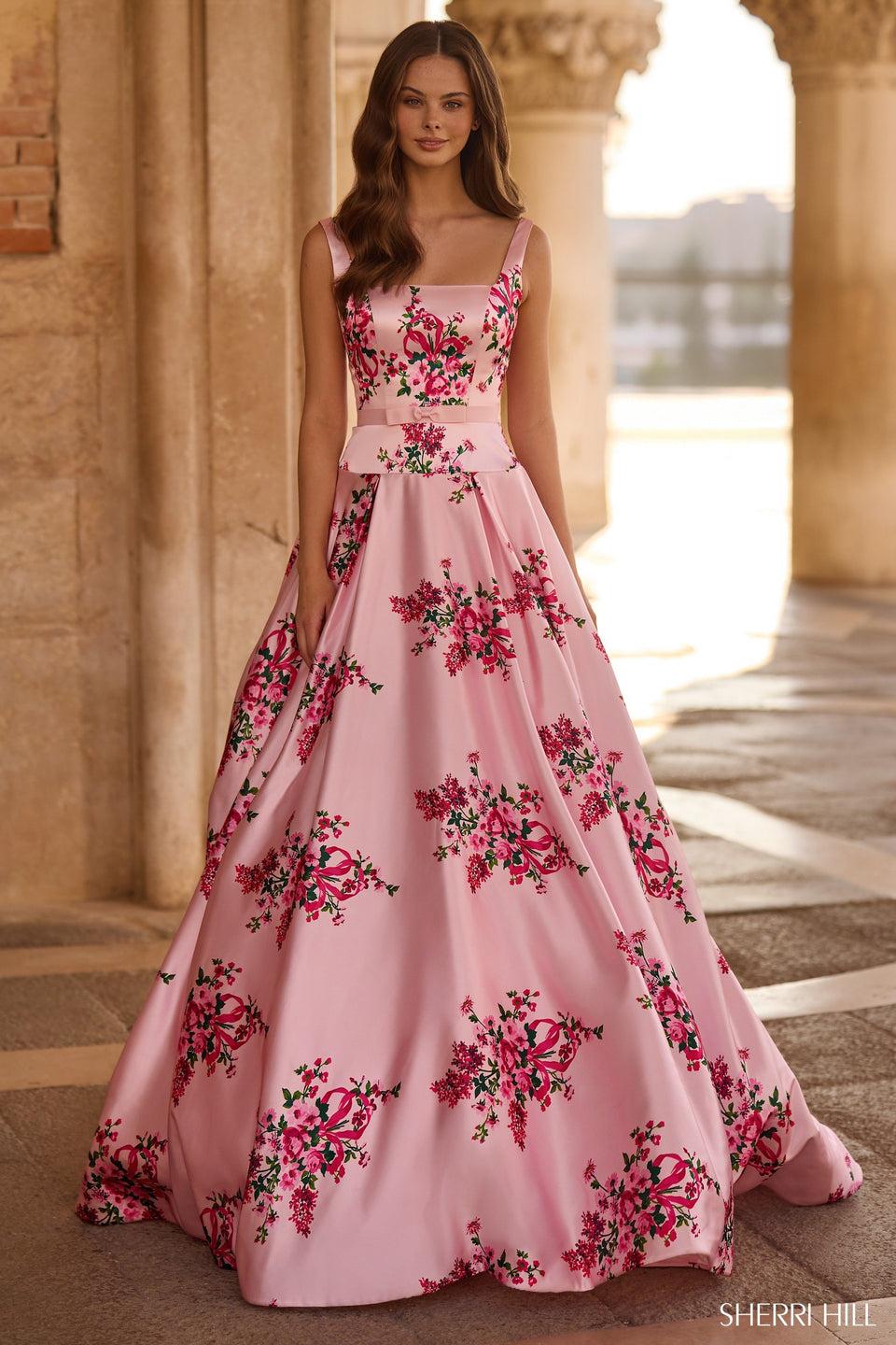 sherri hill Floral ballgown with bow on waist
