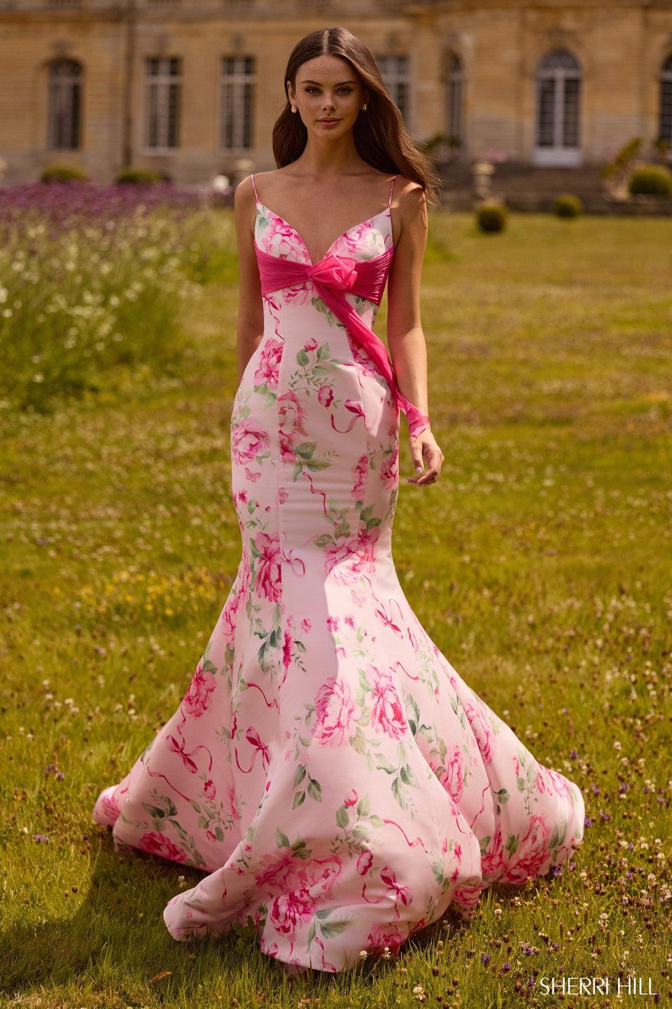 sherri hill Floral mermaid gown with chiffon bow