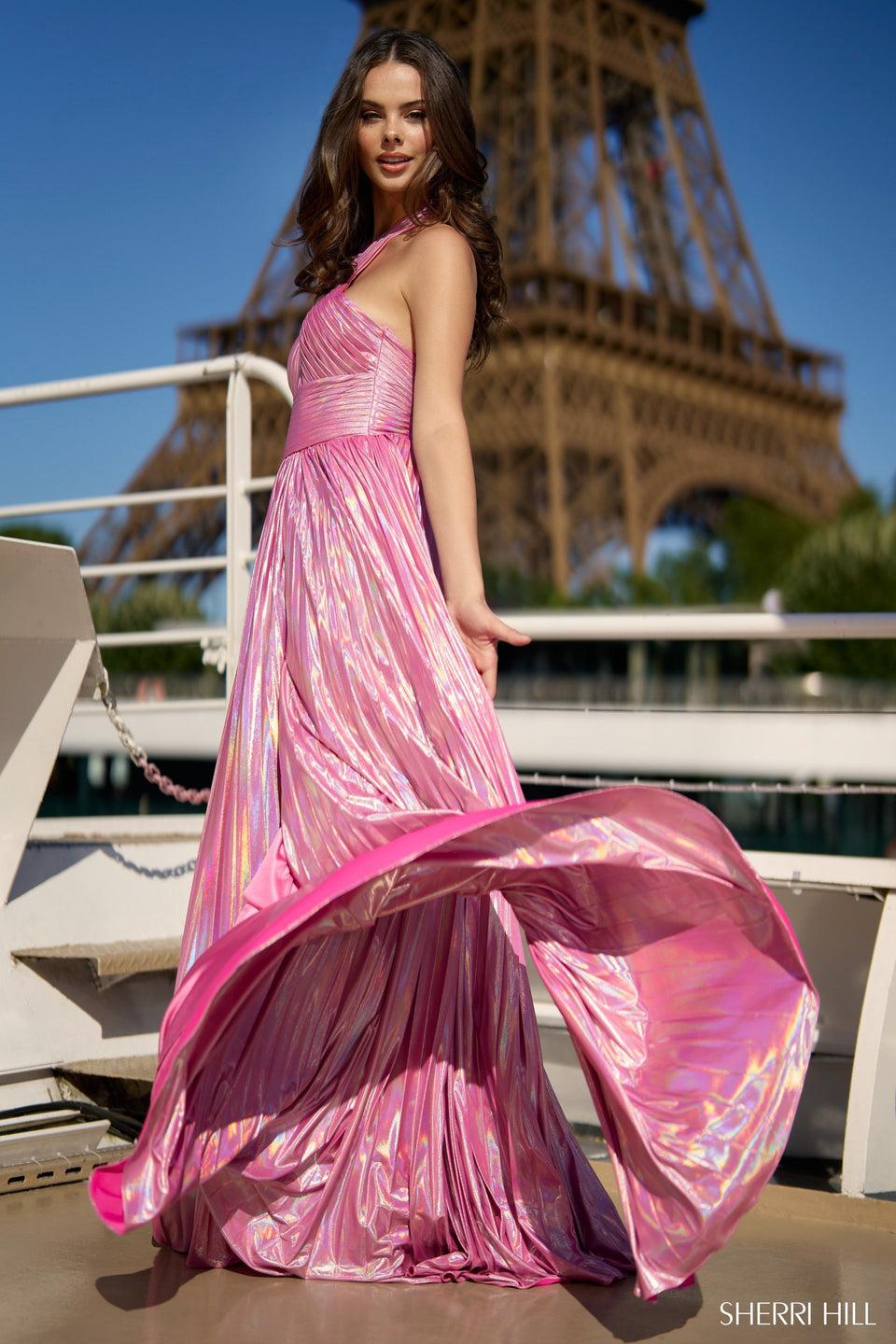 Sherri Hill Halter Metallic Gown With Skirt Slit