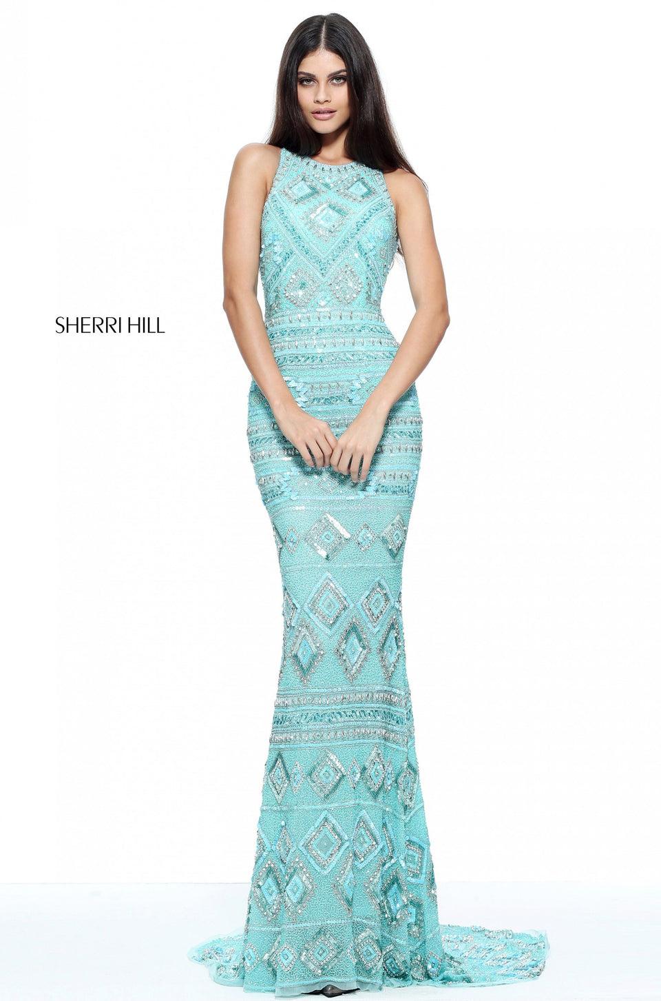 Sherri Hill High Neck Pattern Beaded Column Gown