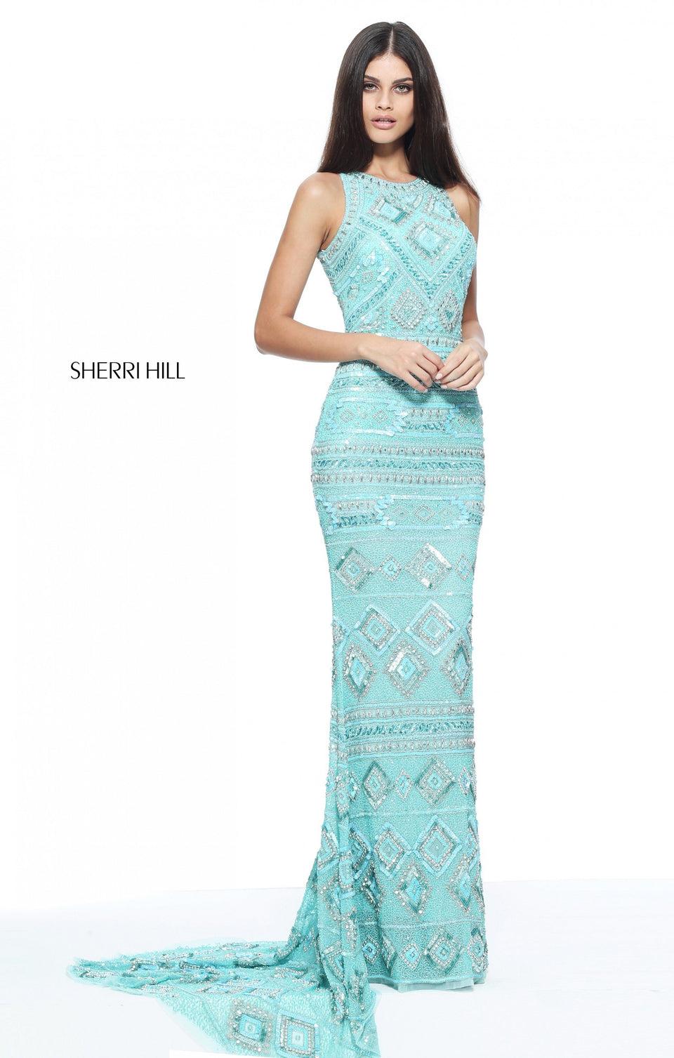 sherri hill High neck pattern beaded column gown