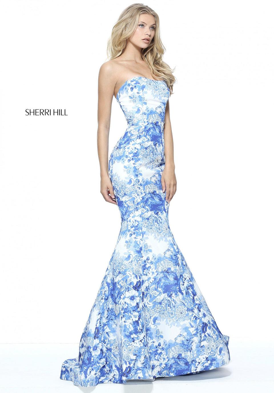 Sherri Hill Ivory And Blue Print Strapless Mermaid