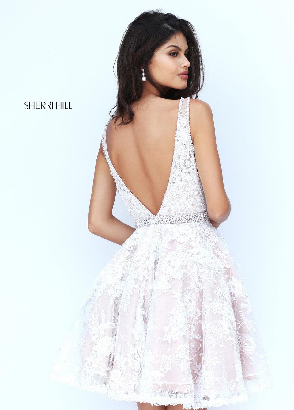 Sherri Hill Lace V-neck Cocktail With Beaded Belt