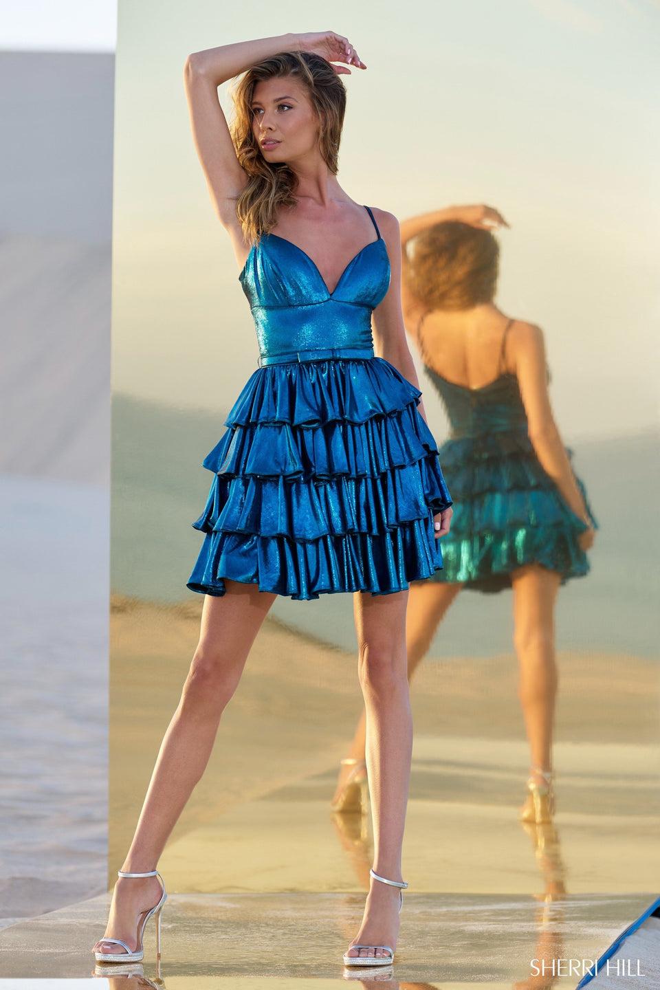 Sherri Hill Metallic Ruffle Cocktail Dress
