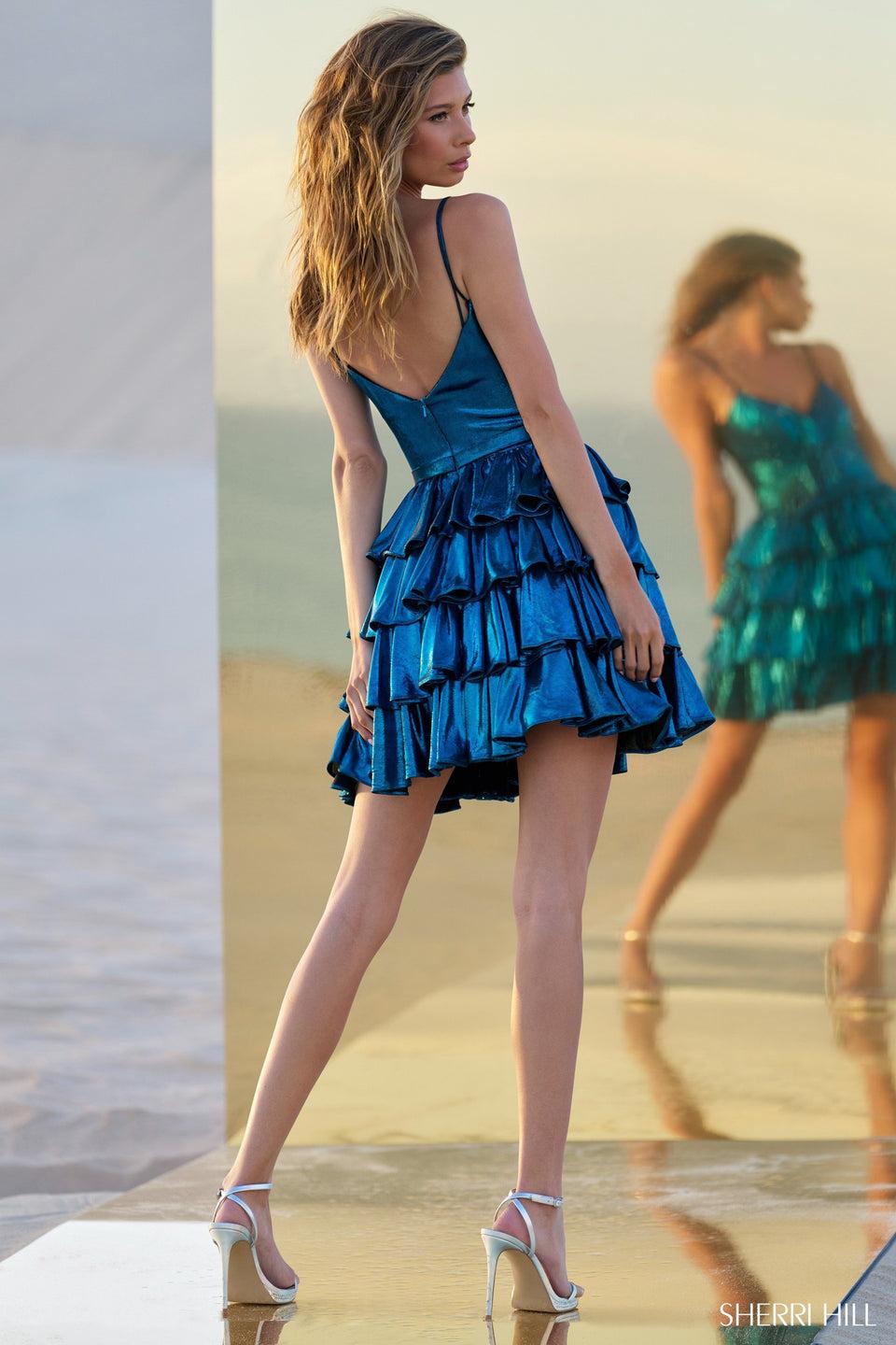 Sherri Hill Metallic Ruffle Cocktail Dress