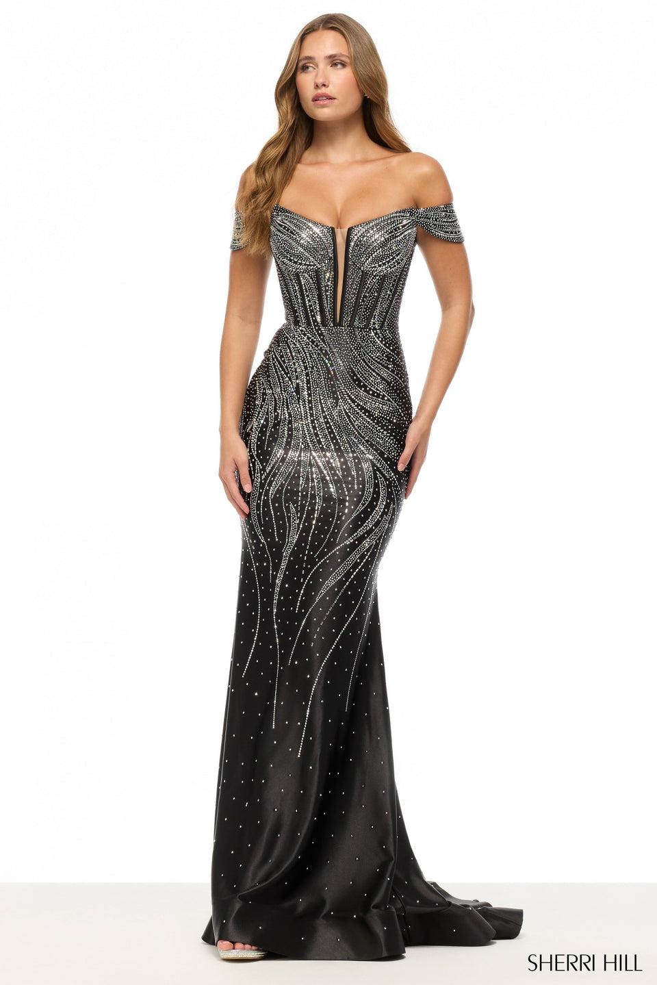 sherri hill Off the shoulder hot fix gown