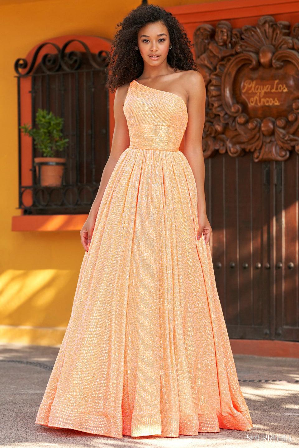 Sherri Hill One Shoulder Machine Sequin Ballgown