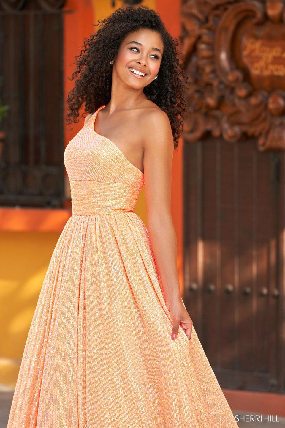 Sherri Hill One Shoulder Machine Sequin Ballgown