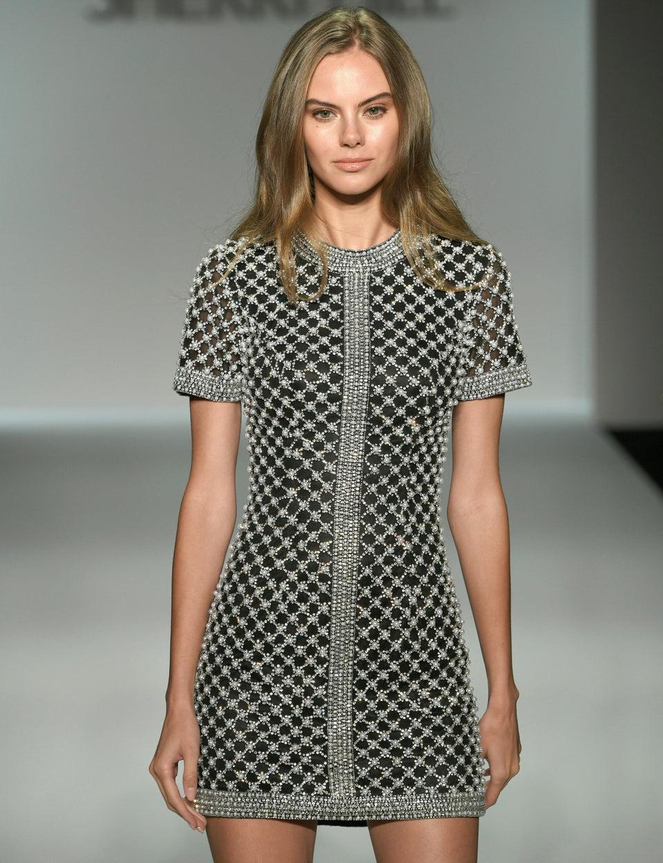 sherri hill Pearl beaded velvet cocktail gown