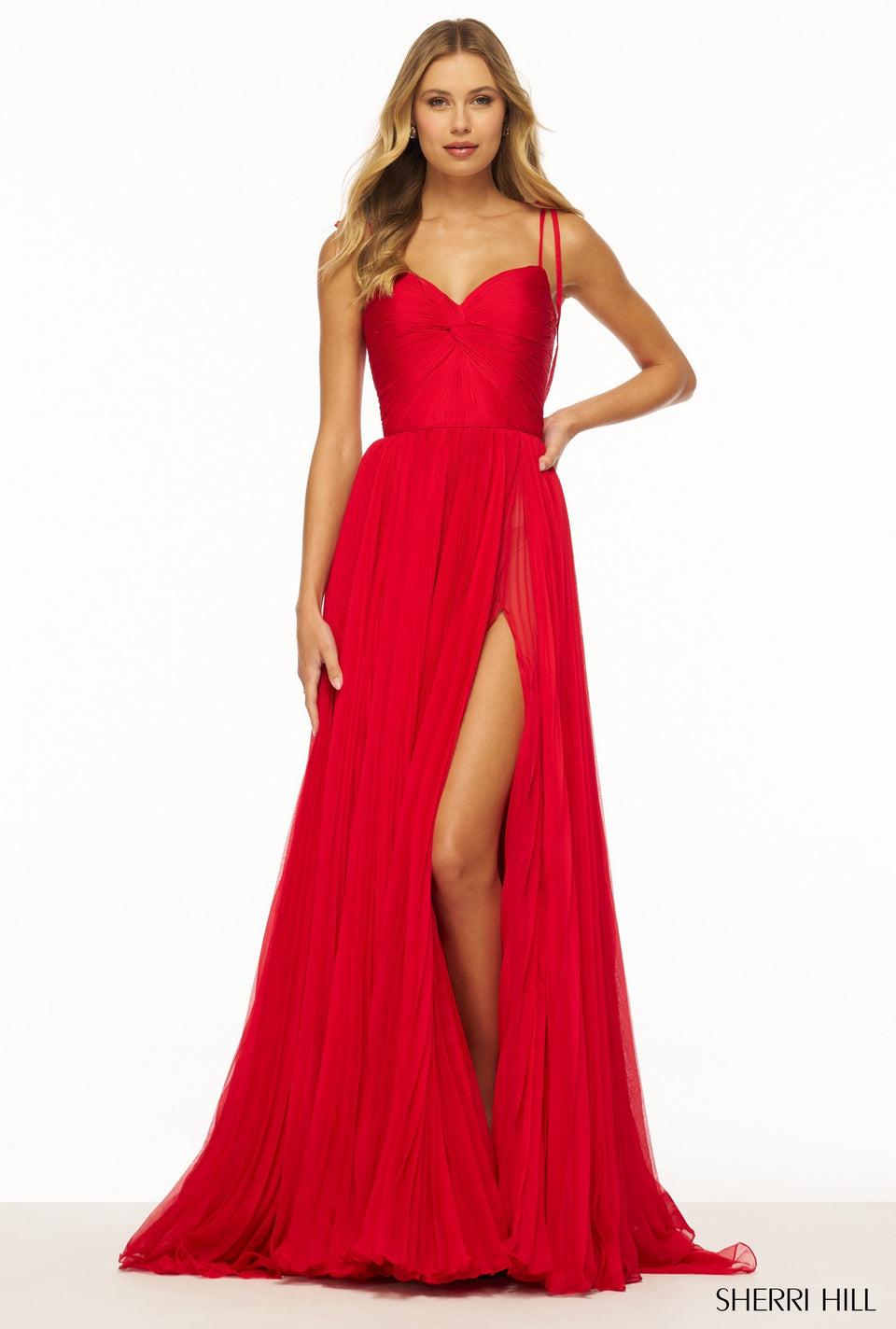 sherri hill Pleated chiffon gown with skirt slit